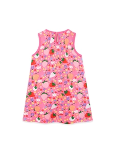 Robe sans manches pour filles rose avec imprimé fraises et bouton au dos en coton
