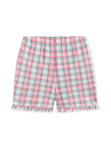 Short à carreaux rose et vert pour fille avec ourlet à volants et taille élastiquée douce