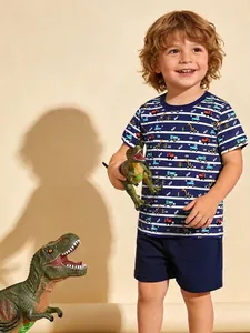 Boys Summer Cotton Set Cartoon Construction Vehicle Print Stripe Short Sleeve T-Shirt And Shorts Casual Clothing Set
