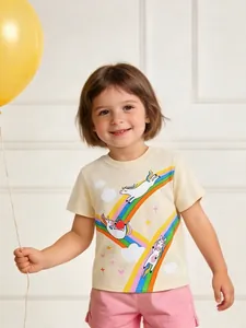 T-Shirt Décontracté pour Filles 100% Coton Manches Courtes Avec Imprimé Licorne Arc-en-ciel Col Rond Haut d'Été