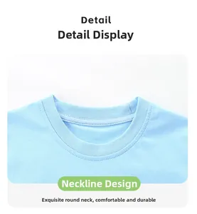 Detail of the high-quality ribbed crew neck on a light blue boys' cotton T-shirt