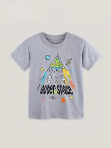 Grey cotton kids T-shirt with cartoon space dinosaur and spaceship graphic print