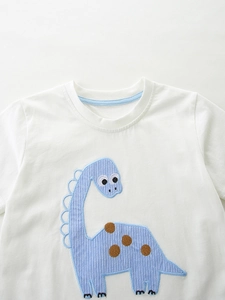 Kids white round neck t-shirt with embroidered blue dinosaur patch for summer