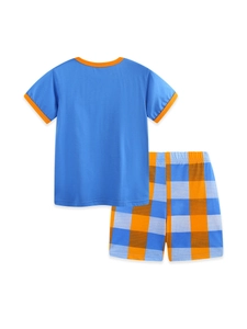 Boys summer two-piece pajama set with blue t-shirt and orange plaid pattern shorts