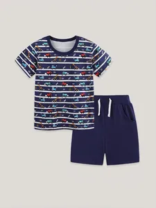 Boys summer two-piece outfit with striped tee, cartoon construction truck prints and blue shorts