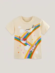 T-shirt manches courtes en coton pour filles en crème avec imprimé licorne et arc-en-ciel