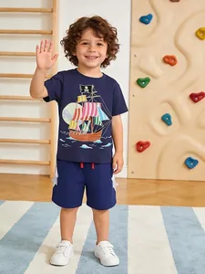 Boys Navy Blue Pirate Ship Glow In The Dark T-Shirt And Shorts Summer Cotton Short Sleeve Casual Top And Pants Kids Clothing