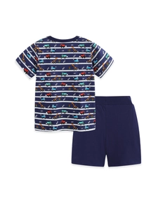 Boys summer cotton set with navy stripes and colorful cartoon construction vehicle prints