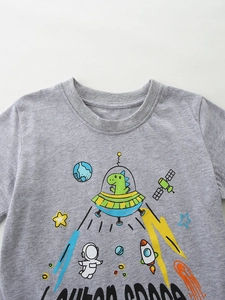 Boys space dinosaur print t-shirt in grey cotton knit featuring UFO and rocket motifs