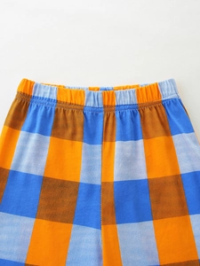 Boys summer plaid shorts set with elastic waistband and orange blue checkered pattern