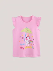 Rosa Mädchen-T-Shirt aus Baumwolle mit Einhorndruck und Rüschenärmeln am Saum