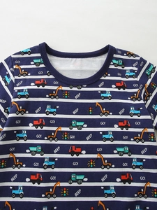 Kids short sleeve tee featuring blue and white stripes with cartoon construction trucks