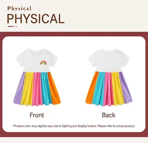Vues avant et arrière de la robe fille en coton à manches courtes avec broderie arc-en-ciel