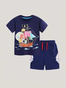 Kids navy blue cotton summer set with glowing pirate ship print and shark fin shorts