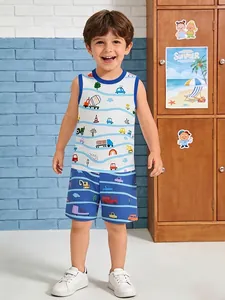Ensemble De Vêtements D'Été En Coton Pour Garçons Imprimé Véhicules De Chantier Débardeur Sans Manches Et Short Tenue Deux Pièces