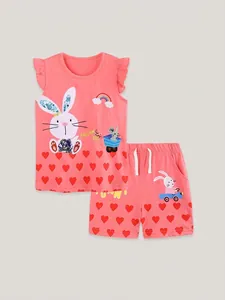 Coral pink toddler summer cotton set featuring rabbit embroidery and heart prints