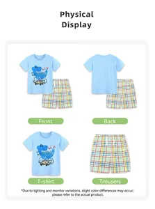 Detail view of boy's light blue dinosaur T-shirt and colorful plaid shorts with drawstring