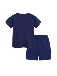 Kids navy blue short sleeve cotton T-shirt and shorts set shown from the back view