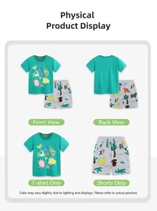 Front and back details of kids summer cotton set with glow frog print and animal shorts