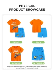 Ensemble d'été garçon avec t-shirt orange et short bleu imprimé engins de chantier