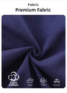 Detail of premium 100% cotton dark blue fabric showing soft knit texture and quality