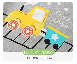 Detailed view of the cartoon train print and Choo-choo text on gray boys' knit top