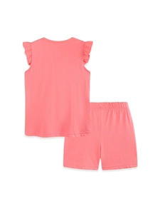 Kids coral pink cotton knit set with ruffle sleeveless top and elastic waist shorts