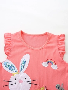Pink sleeveless kids top with rabbit embroidery, ruffled sleeves and cotton knit fabric