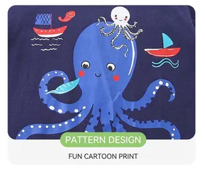 Detailed close-up of cartoon ocean theme octopus print on navy blue children short sleeve T-shirt