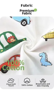 Dettaglio del tessuto 100% cotone con stampe di dinosauri e auto colorate per bambini