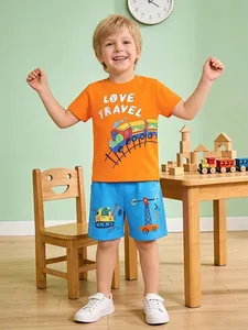 Ensemble 2 Pièces d'Été pour Garçons T-Shirt en Coton Orange à Manches Courtes et Short Bleu avec Imprimé Cartoon