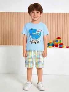 Boys Summer Western Style Dinosaur Print Short Sleeve T-Shirt And Plaid Shorts Two Piece Cotton Set Casual Kids Clothing