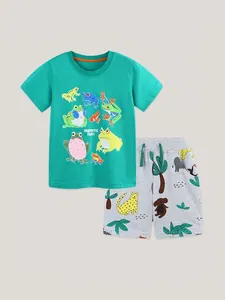 Boys summer cotton knit sportswear set with lime green frog print t-shirt and grey shorts