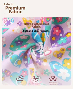Close-up of soft purple cotton knit fabric with floral heart print for girls' dress
