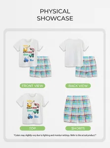 Détail du t-shirt en coton pour garçon avec imprimé camion et short à carreaux