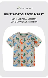 Dettaglio maglietta in cotone grigio per bambini con stampe di dinosauri e scollo verde