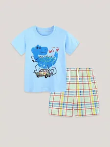 Boys summer two-piece set featuring a blue dinosaur print t-shirt and colorful plaid shorts