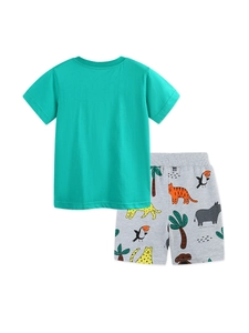 Boys summer cotton set featuring bright green T-shirt and animal print shorts