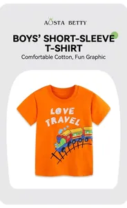 Detail eines weichen Baumwoll-T-Shirts für Jungen in Orange mit bunten Cartoon-Zügen