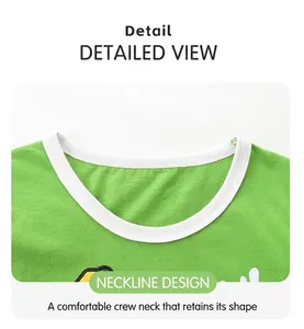 Detailed close-up of the green knit t-shirt white ribbed neckline and soft fabric