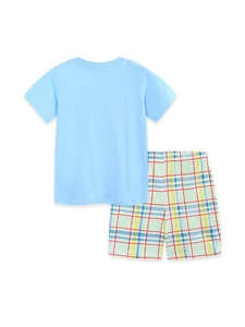 Boys summer outfit with light blue cotton t-shirt and colorful plaid shorts set