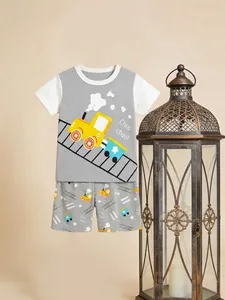 Boys Summer Casual Cotton Clothing Set Cartoon Train Printed Short Sleeve Contrast T-Shirt And Shorts Two Piece Outfit