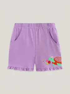 Short fille violet clair en coton avec broderie tortue de dessin animé et volants