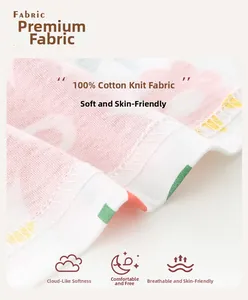Close-up of soft knitted cotton fabric with pink floral and geometric patterns
