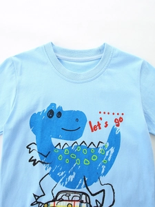 Boys light blue dinosaur print t-shirt and plaid shorts outfit set for summer wear