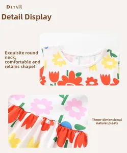 Detail view showing round neckline and floral print on cotton knit girls dress