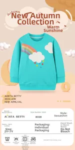 Detail of teal girls cotton sweatshirt showing rainbow sequin embroidery and size chart