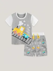 Boys grey summer shorts set featuring a cartoon train print and two-tone short sleeve tee