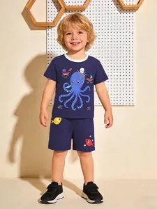 Boys Summer Cotton Short Sleeve Shorts Set Cartoon Ocean Octopus Print Casual Two Piece Outfit For Kids Navy Blue