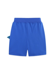 Klein blue boys knit sports shorts with shark-inspired 3D dinosaur fin and elastic waist